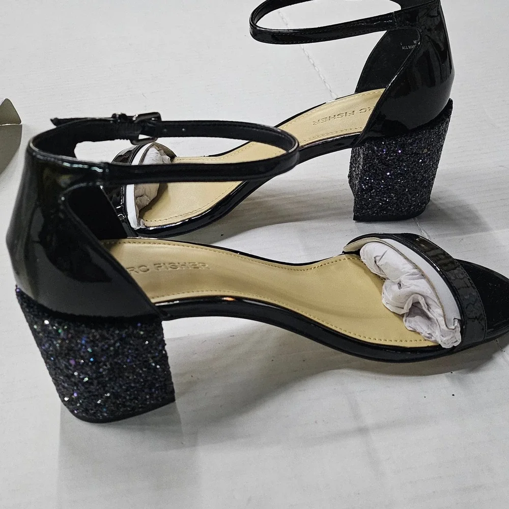 Marc Fisher Safia Black Patent Glitter Block Heel Sandals 8.5M‎ QMSAFIA NEW